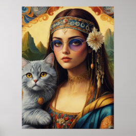 Póster Joven Mona Lisa Hippie y su gato gris