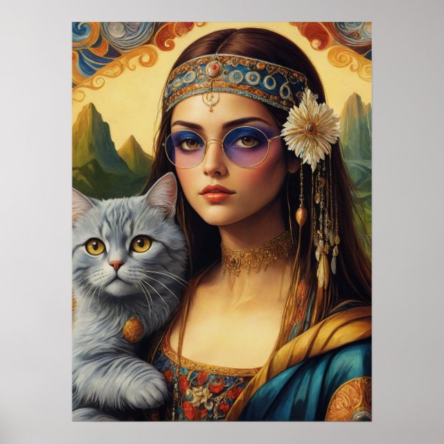 Póster Joven Mona Lisa Hippie y su gato gris (Frente)