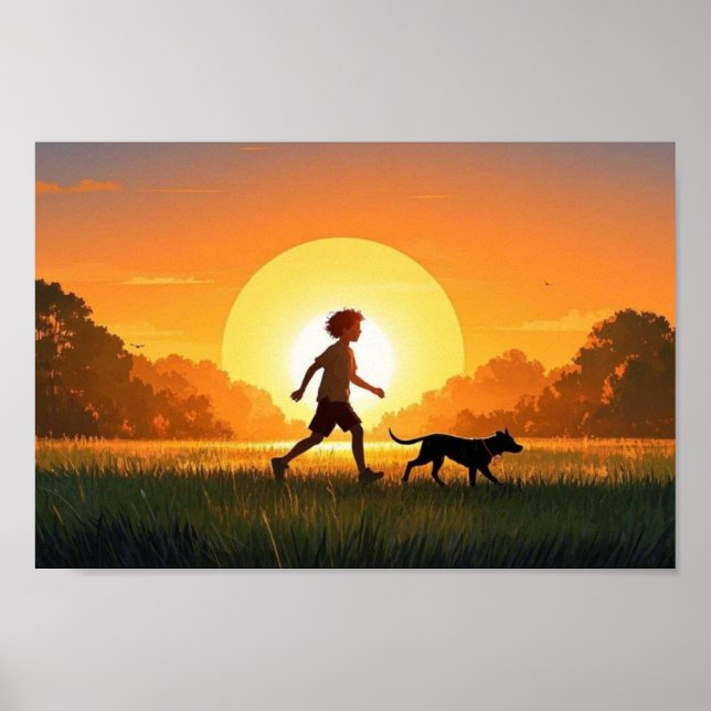 Póster Joven muchacho con perro al atardecer (Frente)