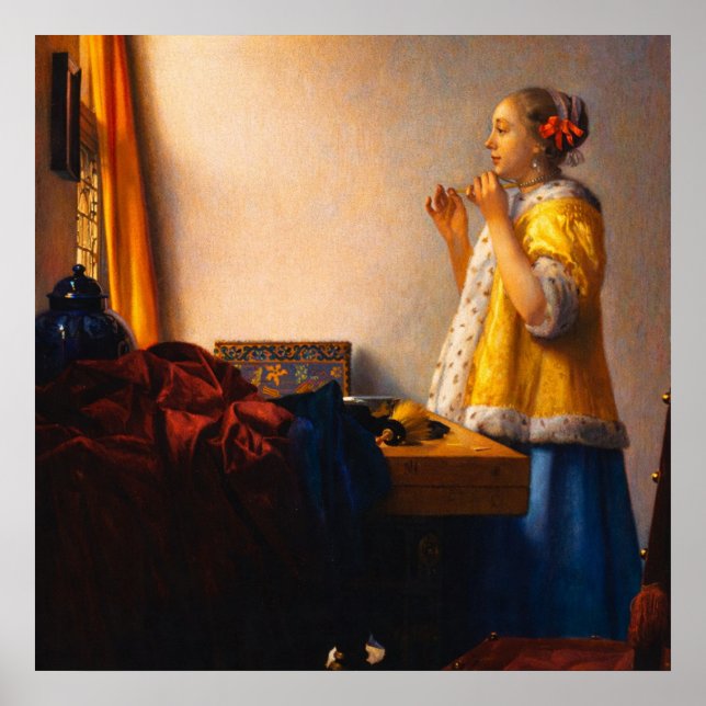 Póster Joven mujer con un collar de perlas de Vermeer (Frente)