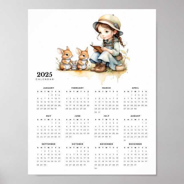 Póster Joven niña lee libro Familia de conejos Calendario (Frente)