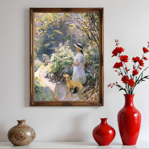 Póster Joven niña y su galgo en el jardín, 