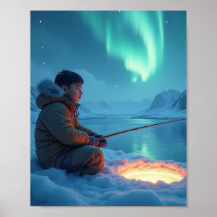 Póster Joven pescando en el hielo