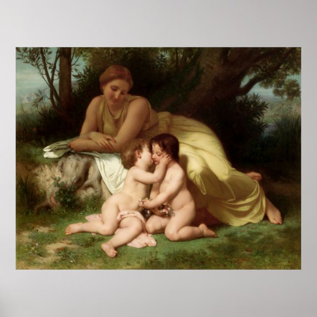 Póster Joven que contempla a dos niños (Frente)
