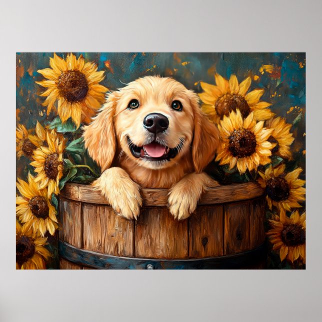 Póster Joven Retriever en un barril (Frente)