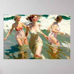 Póster Jóvenes jugando en la surf en un día soleado