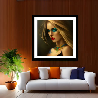 Póster Joyas doradas bronce Mujeres rubias azul fantasía