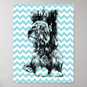 Póster Joyas Yorkie Crown Puppy Perro Blue White Chevron