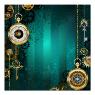 Póster Joyería Steampunk Reloj en un Fondo Verde
