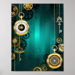 Póster Joyería Steampunk Reloj en un Fondo Verde