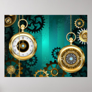 Póster Joyería Steampunk Reloj en un Fondo Verde