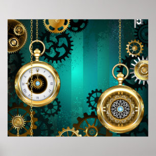 Póster Joyería Steampunk Reloj en un Fondo Verde
