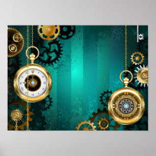 Póster Joyería Steampunk Reloj en un Fondo Verde