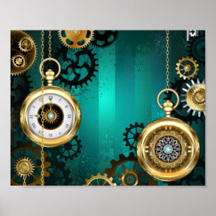 Póster Joyería Steampunk Reloj en un fondo verde