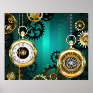 Póster Joyería Steampunk Reloj en un Fondo Verde