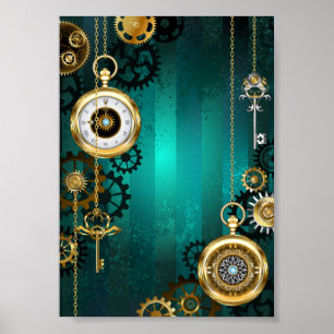 Póster Joyería Steampunk Reloj en un fondo verde