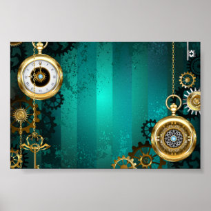 Póster Joyería Steampunk Reloj en un Fondo Verde