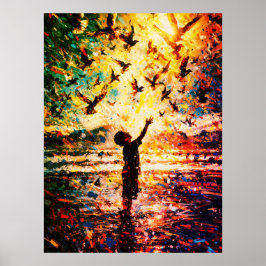 Póster Joyful Child Playing with Birds Sunrise Water