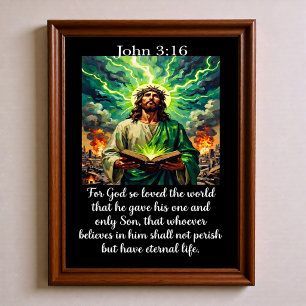 Póster Juan 3:16 Jesús Biblia Sagrada Glowing Ciudad en L
