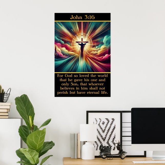 Póster Juan 3:16 Jesús en luz radiante y nubes (Oficina en casa)