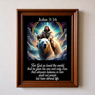 Póster Juan 3:16 Jesús montando un oso polar en la montañ