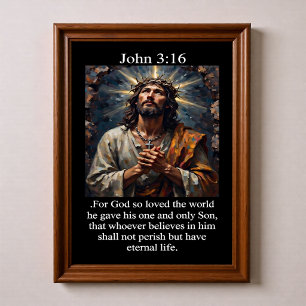 Póster Juan 3:16 Jesús orando Corona de Espinas Cruz 