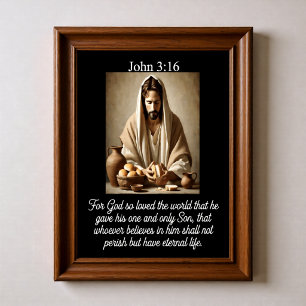 Póster Juan 3:16 Jesús partiendo el pan Comunión Cesta