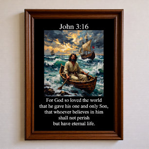 Póster Juan 3:16 Jesús Remando Barco de Madera Mar Tempes