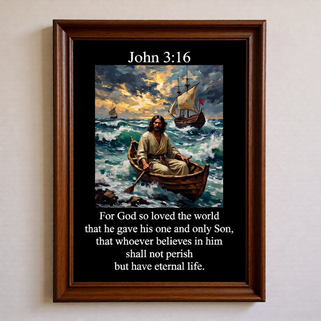 Póster Juan 3:16 Jesús Remando Barco de Madera Mar Tempes (Subido por el creador)