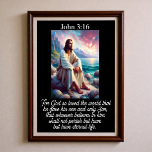 Póster Juan 3:16 Jesús sentado en la costa rocosa al atar