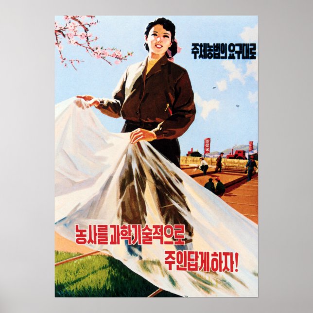 Póster Juche Revolución Agrícola DPR Propaganda de Corea (Frente)