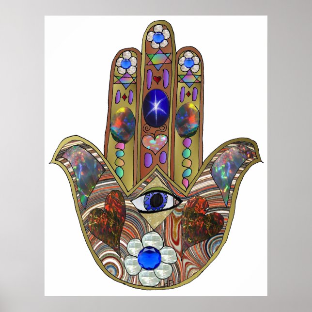 Póster Judaica Hamsa Hearts Flowers Opal Art Print (Frente)