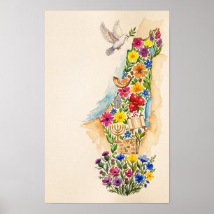 Póster Judaica Magen david judío Israel Mapa