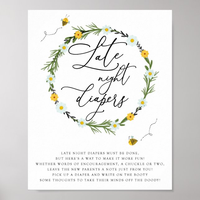 Póster Juego de Abejas Baby Shower Late Night Diapers. (Frente)