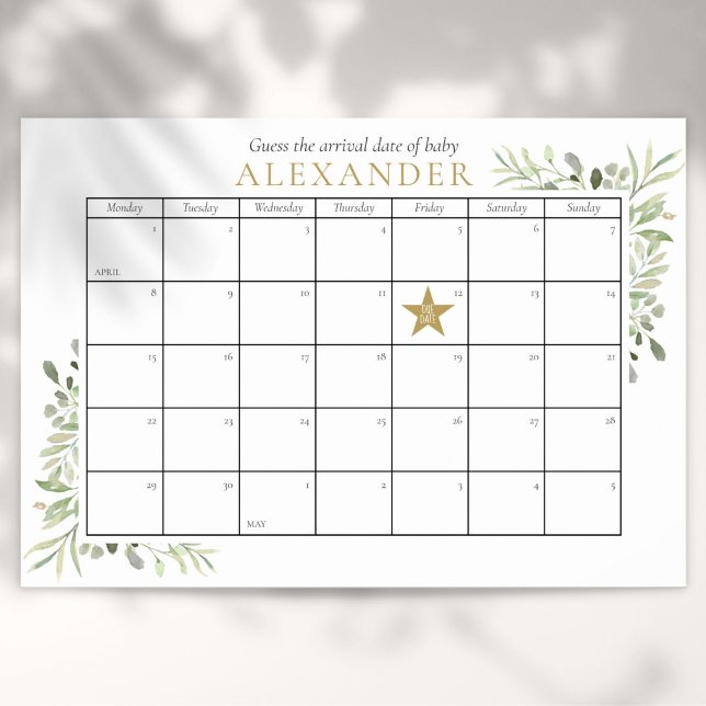 Póster Juego de adivinanza de la fecha de parto para baby (Greenery Baby Shower Guess The Due Date Game Poster)