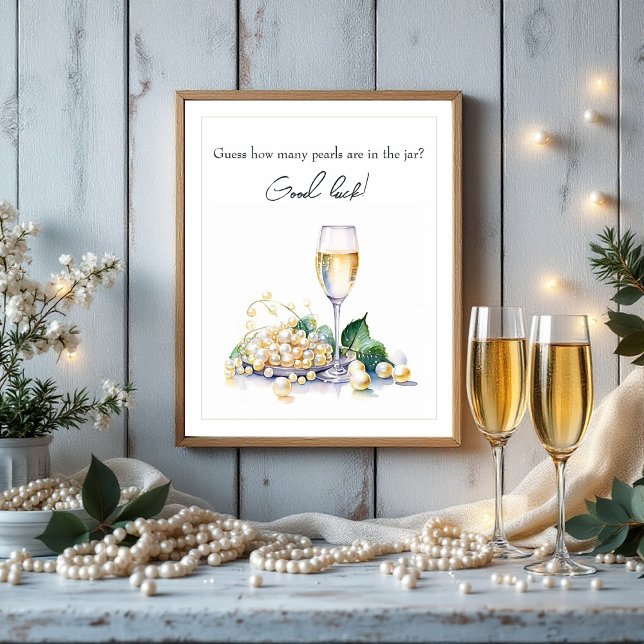 Póster Juego de adivinanzas de perlas y Prosecco para des (Pearls & Prosecco Guessing Game Bridal Shower Poster)