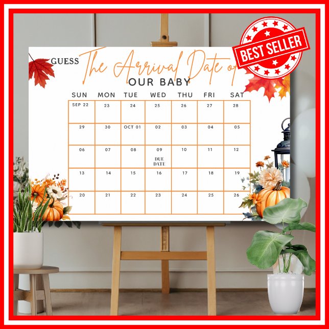 Póster Juego de baby shower ADIVINA LA FECHA PROBABLE Una (GUESS THE ARRIVAL DUE DATE Baby Shower Game with Answers A Little Pumpkin is on the Way Theme)