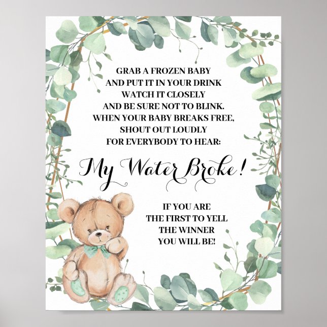 Póster Juego de Baby Shower Bear Greenery My Water Broke (Frente)