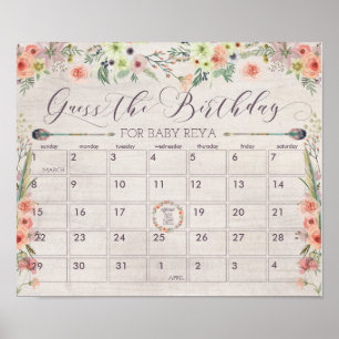 Póster Juego de Baby Shower Boho Date Due Calendar Rótulo