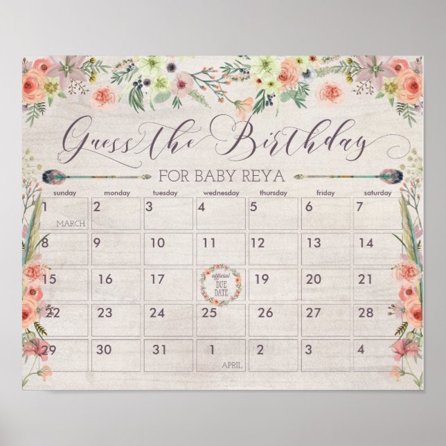 Póster Juego de Baby Shower Boho Date Due Calendar Rótulo (Frente)