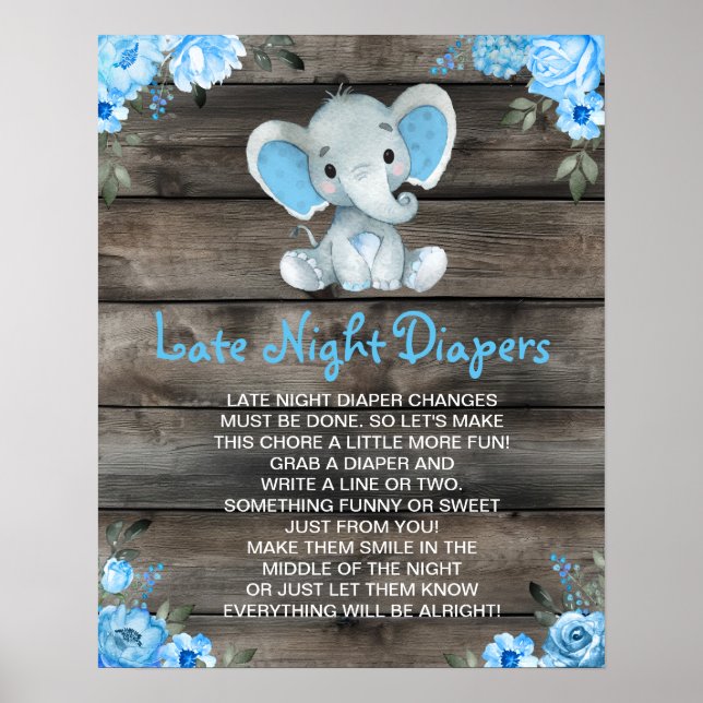 Póster Juego de Baby Shower Boy Elephant Late Night Diape (Frente)