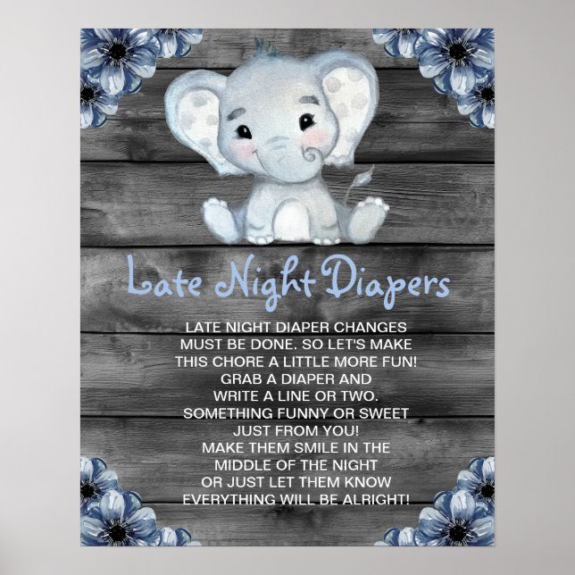 Póster Juego de Baby Shower Boy Elephant Late Night Diape (Frente)