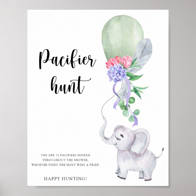 Póster Juego de baby shower: Chupete de elefante y globo (Frente)
