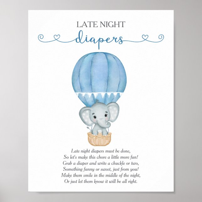 Póster Juego de Baby Shower Elephant Blue Night Diapers (Frente)