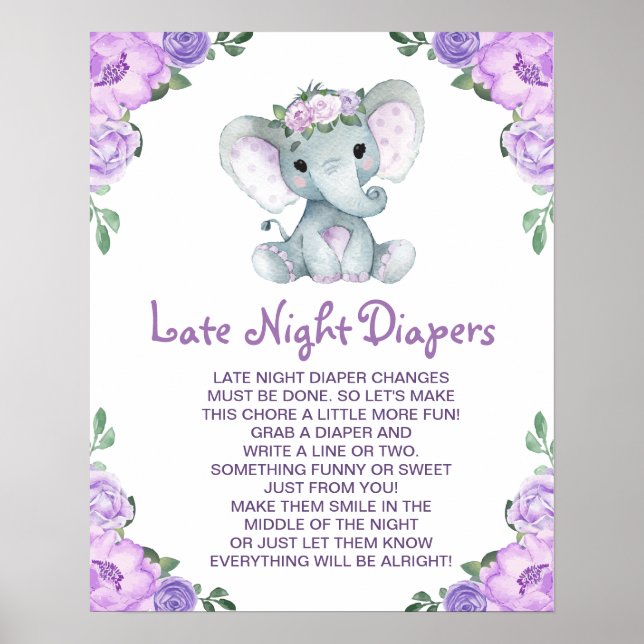 Póster Juego de Baby Shower Purple Elephant Late Night Di (Frente)