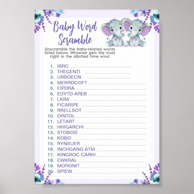 Póster Juego de Baby Shower Word Scramble para elefantes  (Frente)