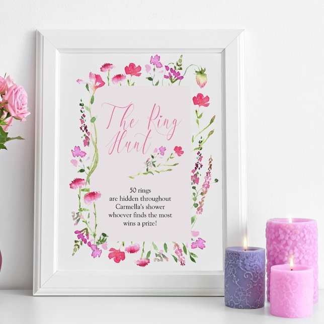 Póster Juego de cacería de ring Juego Flor salvaje rosa D (Ring Hunt bridal shower game sign from my Pink Wildflower Collection.)