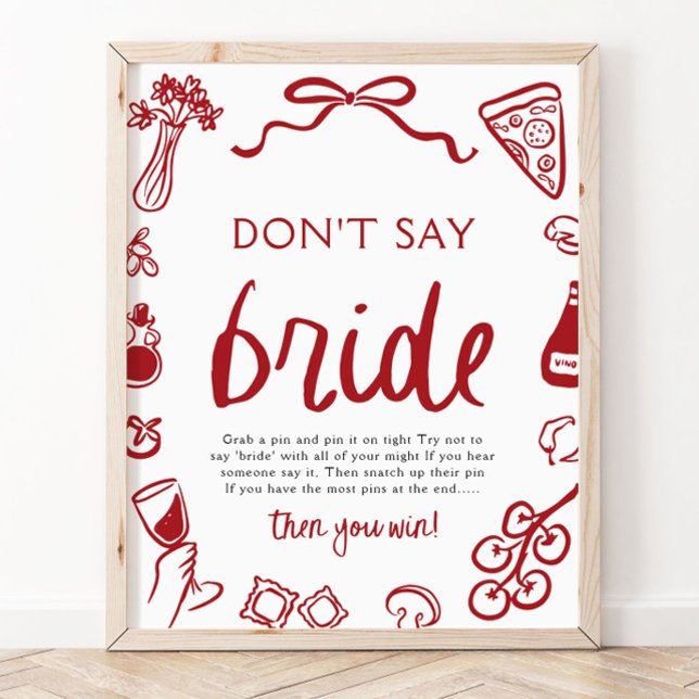 Póster Juego de Despedida de Soltera 'No Digas Novia' de  (Red Italian Don't Say Bride Bridal Shower Game Sign)