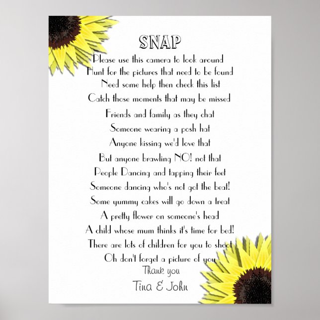 Póster Juego de fotos de Sunflowers I Spy Snap Boda (Frente)