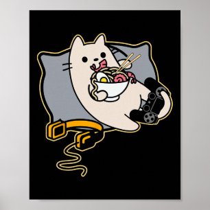 Póster Juego de gato jugador comiendo Ramen nerd en pausa